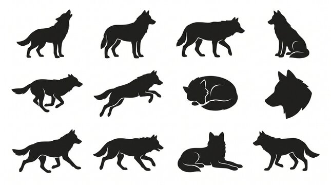 Dynamic wolf silhouettes in motion, showcasing natural behaviors, primal energy, wilderness spirit, artistic minimalism, untamed essence, symbolic strength, timeless design.