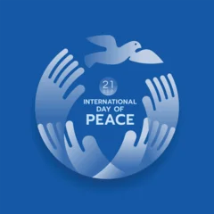 International day of peace - Abstract Circle hands raised and birds of peace flying with gradient white on blue background vector design © ananaline