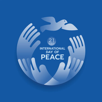 International day of peace - Abstract Circle hands raised and birds of peace flying with gradient white on blue background vector design