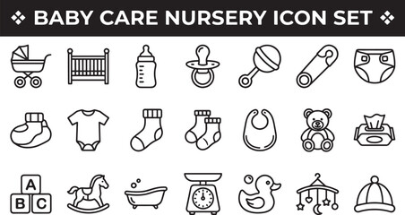 Obraz premium Baby care and nursery equipment line icons set for infant development and parenting supplies vector illustration