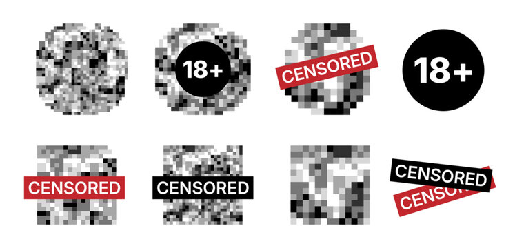 Censored Content and 18 Plus Age Restriction Symbol Set With Pixelated Mosaic Blur Effect