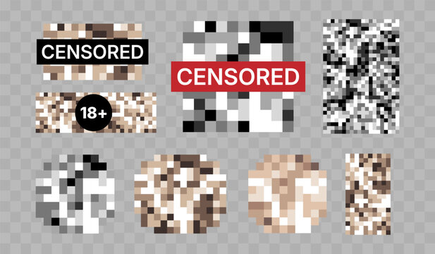 Censored Pixelated Content Elements With 18 Plus Adult Warning Labels Isolated on Transparent Background