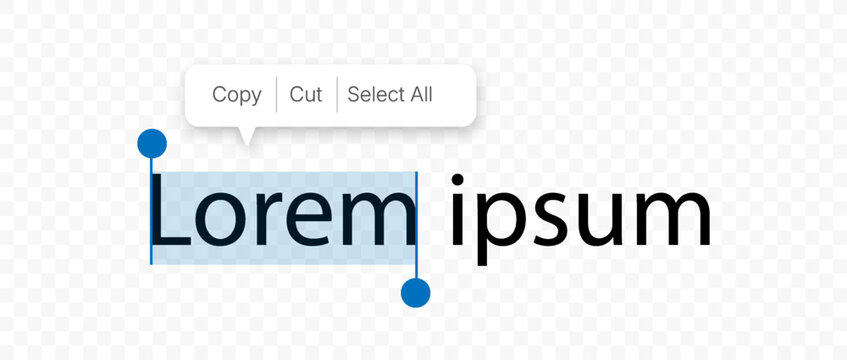 Selected Text With Copy, Cut and Select All Context Menu Isolated on Transparent Background