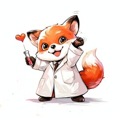 Fototapeta premium Cute fox doctor in white coat holding test tube with heart shape. Cheerful character for pediatric medical banner or children greeting card. Adorable animal illustration for print.