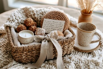 Fototapeta premium Cozy curated gift basket with chunky knit blanket mug candle truffles and handwritten note for holiday gift basket background and seasonal gifting display