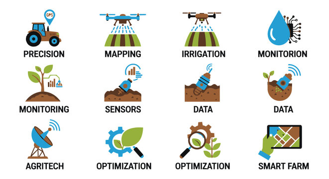 Modern agritech icons in a clean, scalable vector format, showcasing precision farming, drone mapping, smart irrigation, and data monitoring with vibrant blue, green, and orange