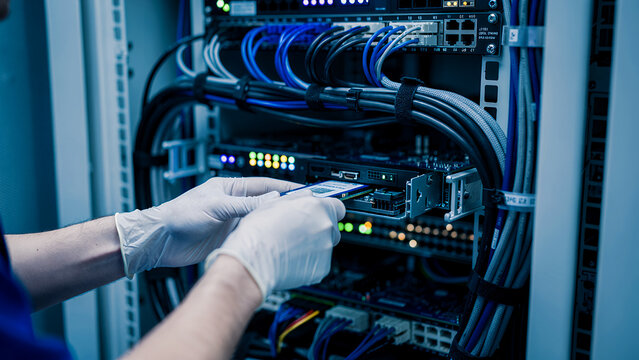 A data center technician"s shoulder-view perspective inserts a hot-swap SSD drive module into a densely packed 1U server blade. The server rack in front of him is open with neatly arranged cables.