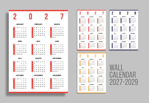 Wall Calendar 2027 to 2029