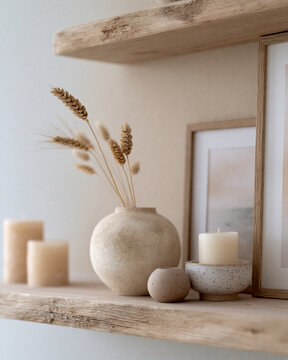 Soft wood shelf holds minimalist decor. Earthen vase holds delicate wheat stalks. Two candles rest beside a framed picture. Natural tones evoke calm and serenity