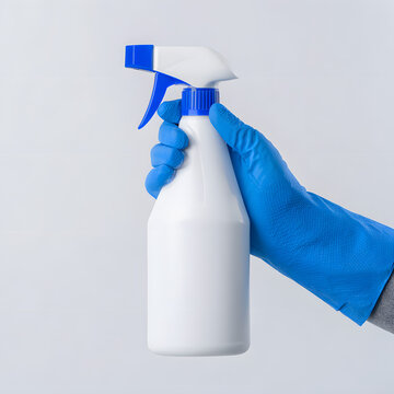 Element of a hand holding a cleaning spray bottle, isolated on a plain background; an element for product advertising.