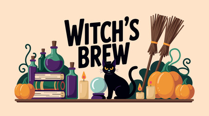 Witch's brew text with black cat, pumpkins, magic potions, crystal ball, candles, and broomsticks on a shelf © MdMezbahul