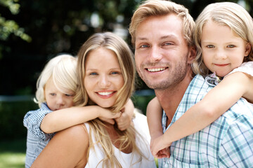 Fototapeta premium Family, piggyback and portrait of parents with children for summer holiday, weekend and nature outdoors. Love, park and happy mother with father, kids and smile for bonding and relax in together