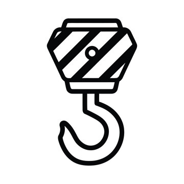 A black line drawing of a hook attached to a sling hangs from a construction site.