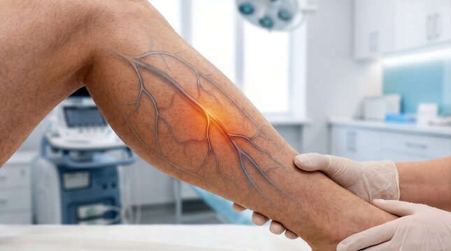 Peripheral Artery Disease in Lower Leg with Anatomical Artery Overlay Showing Reduced Blood Flow