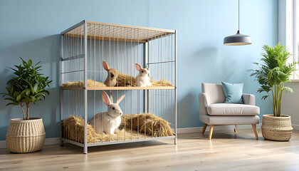 Naklejka na ściany i meble Rabbits in multi level cage home.
