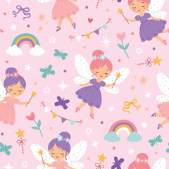 Obraz premium Cute fairy seamless pattern featuring little fairies, rainbows, butterflies, magic wands, flowers and magical elements on pink background. Hand drawn flat vector illustration.