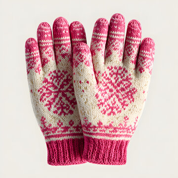 Graphic element of pink and white gloves with a Scandinavian pattern, set against a plain, solid background; an element for product advertising.