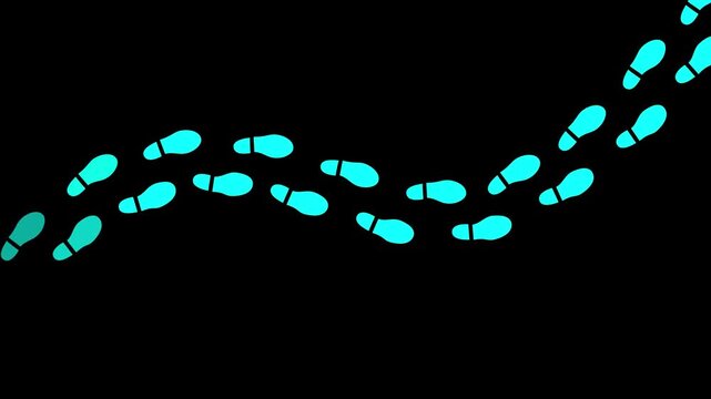 Isolated trail of black footsteps (comics silhuoette shapes), going from the left to the right (horizontal orientation).