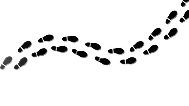 Isolated trail of black footsteps (comics silhuoette shapes), going from the left to the right (horizontal orientation).