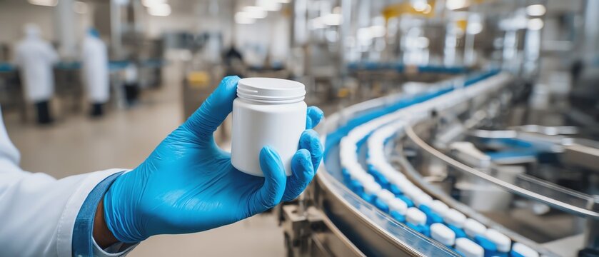 Hand holding a container in a factory setting.