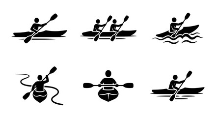 Kayaking icon set, rowing and canoeing pictograms, black water sports vector elements © NST