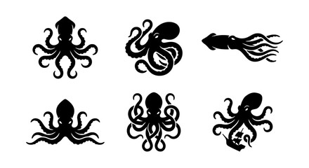 Vintage octopus silhouette set, 6 nautical kraken icons, black sea monster vector art © NST