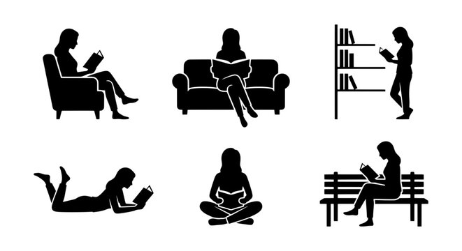 Reading woman silhouette set, 6 female reader icons, library and home book study vector