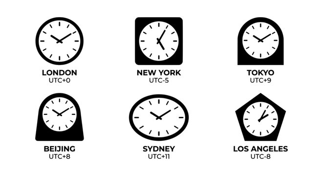 World clock icons set, global time zone vector, international business clocks collection