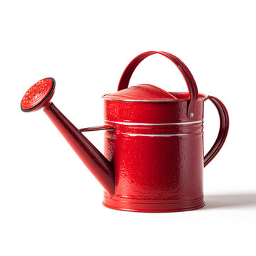Red metal watering can element, isolated on a plain background; an element for product advertising.