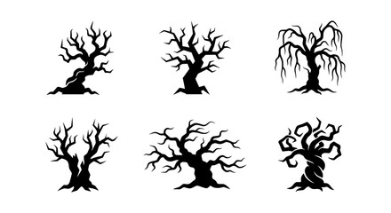 Spooky dead tree silhouettes, 6 creepy bare branch icons, dark forest vector elements © NST