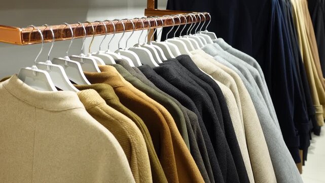 Hand browsing through a rack of neutral toned winter coats in a store