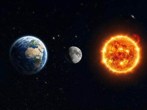 The planet Earth sits alongside the Moon and the glowing golden Sun within the vast dark expanse of outer space as celestial bodies orbit together in a harmonious alignment across the night sky