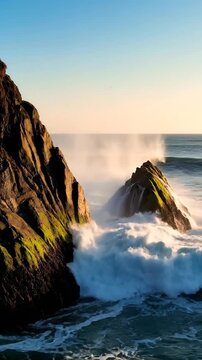Ocean waves crash against rugged coastal rocks at sunset