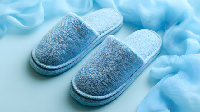 Soft blue house slipper element on a plain blue background; isolated element for product advertising.