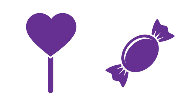 Purple heart lollipop and candy wrapper icons with lollipop silhouette confectionery valentine graphics isolated collection minimalist celebration colorful illustration