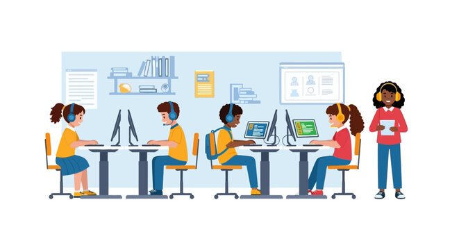 Young students learning coding and technology in computer lab