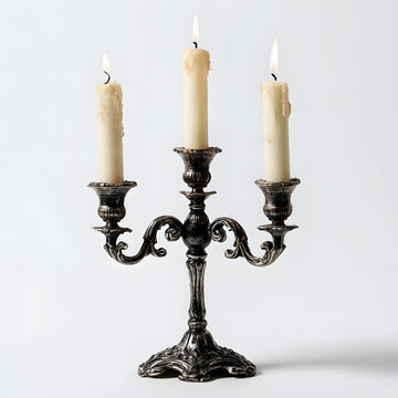 A three-candle element on an antique candle holder, set against a plain, solid background; an element for product advertising.