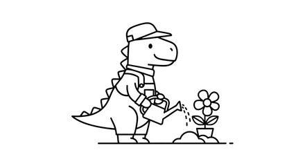 Cartoon dinosaur gardener watering a small flower © jepri