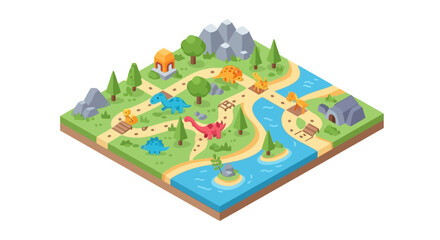 Isometric prehistoric landscape with diverse dinosaurs and nature © jepri