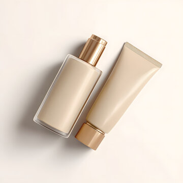 An element featuring two cream-colored beauty product bottles cylindrical with caps against a plain background; an element for product advertising.