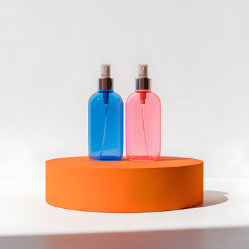 Blue and pink spray bottle elements on an orange circular base; plain background. Elements for product advertising.
