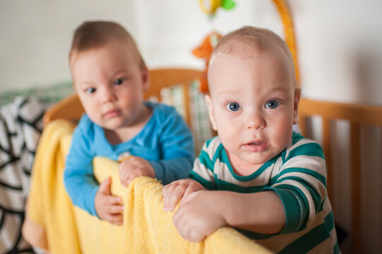 Sweet twin brothers discover the world from the safety of their wooden nursery bed, gazing ahead with wonder and delight as they hold onto the soft yellow blanket during a quiet start to the day