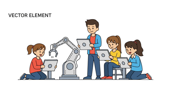 Children programming robotic arm with tablets in stem class