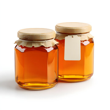 An element featuring two jars of honey with plain labels, set against a plain background. An element for honey advertisements.