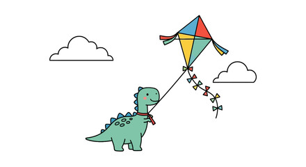 Cute dinosaur flying a colorful kite in the sky © jepri