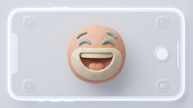 A Joyful, Soft Clay Emoji with a Wide, Happy Smile Captured Through a Smartphone's Lens, Evoking Pure Delight