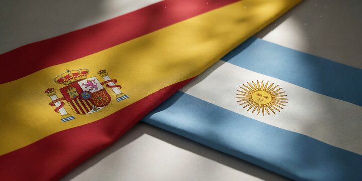 Spain and Argentina flags side by side. National symbols of Spanish and Argentine nations.