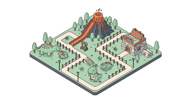 Prehistoric theme park with volcano slide and dinosaurs