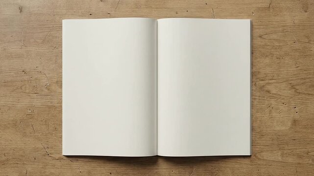 An open blank notebook rests on a rustic wooden table surface