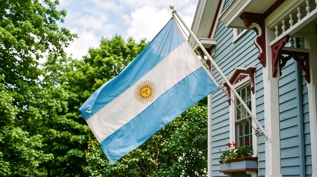 Argentina flag waving on a house. National symbol of Argentina displayed on a building.